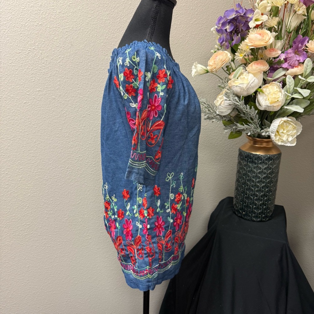 SIRE XL Denim Peasant Top Boho Embroidered Floral Festival Tunic - Picture 4 of 8